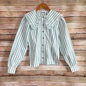 GANNI Women's Ruffled Collar Green Striped Cotton Poplin Blouse Size 32